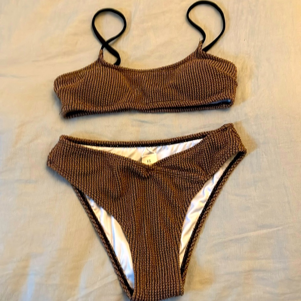 Cupshe Brown Textured Bikini with Black Accents